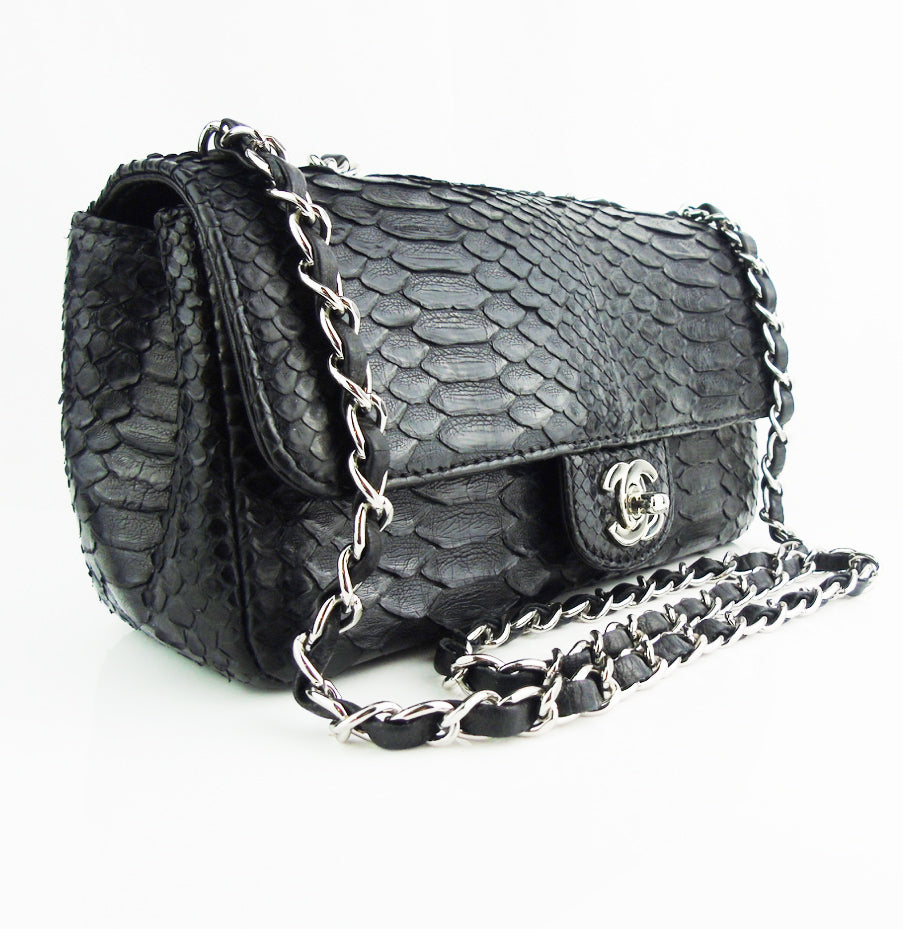 CHANEL black python mini rectangular flap bag exotic leather