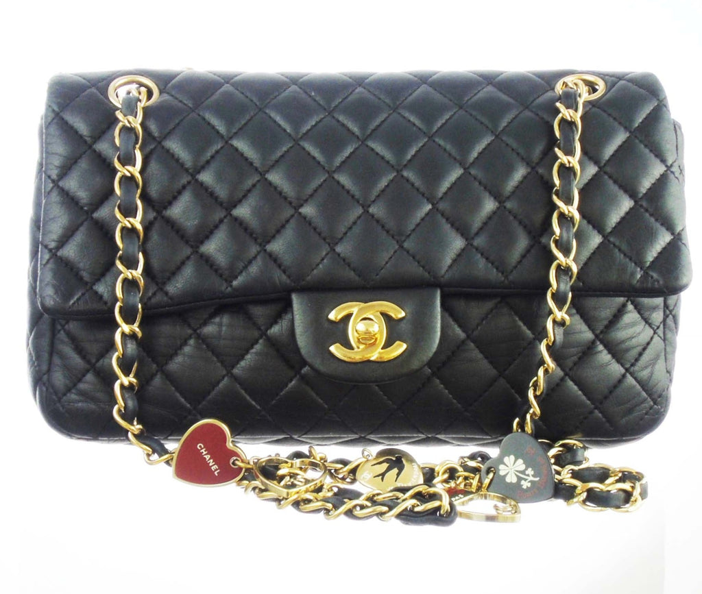 Chanel black classic flap bag valentines charms