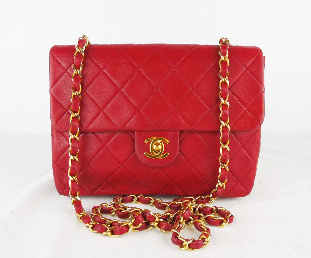 chanel red square mini vintage flap bag