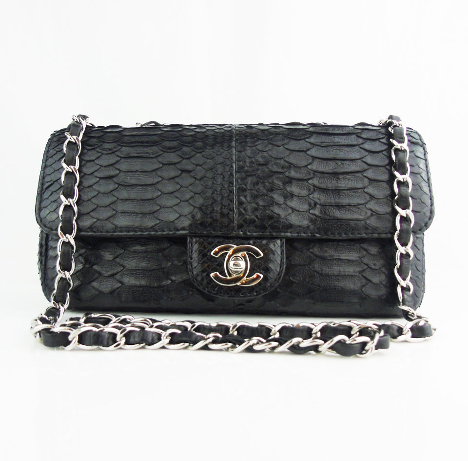 CHANEL black python exotic leather classic mini rectangular flap