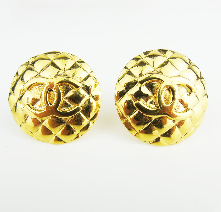 Chanel Large Round Gold Plated Matelasse Earrings - Vintage