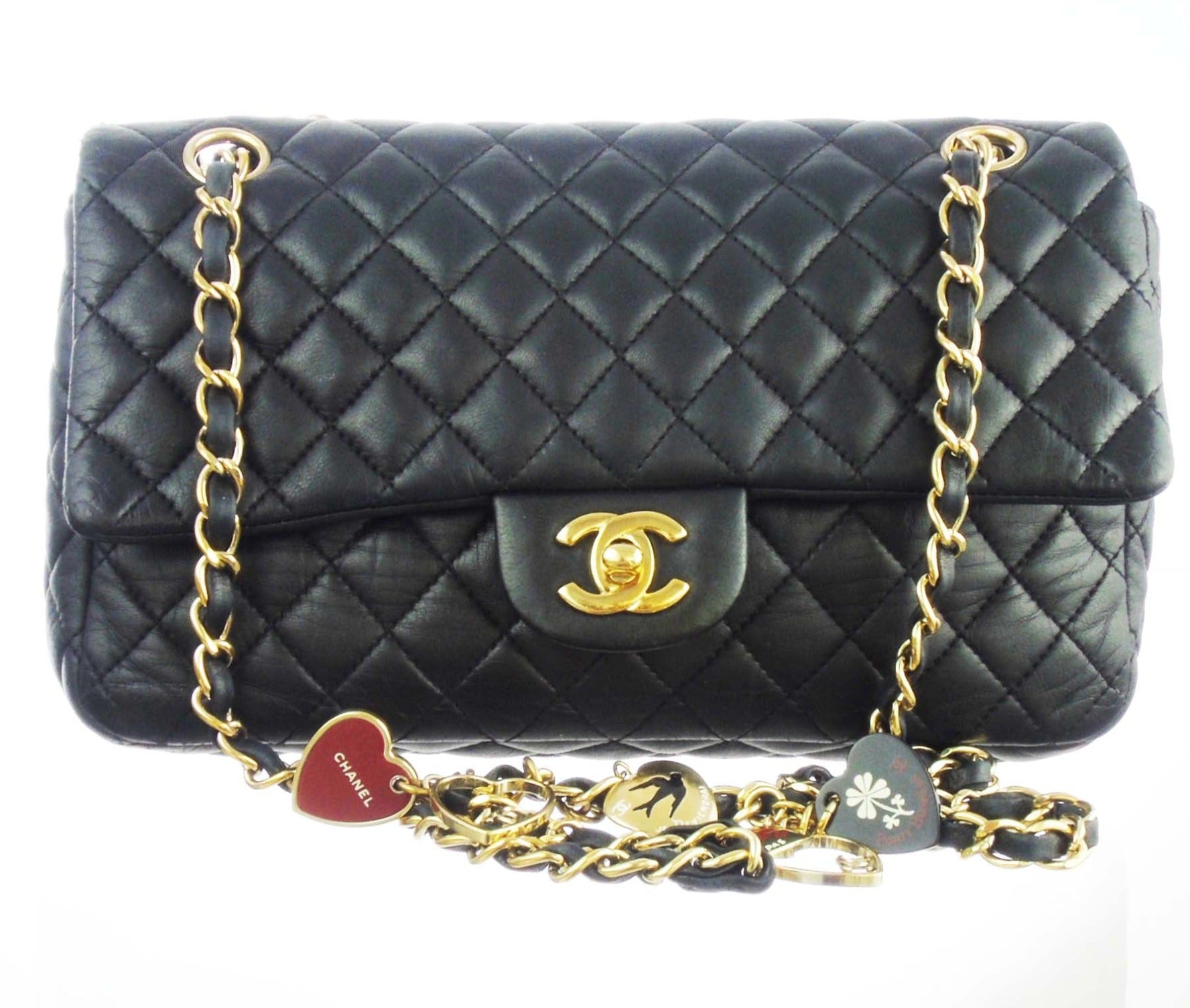 Chanel black classic flap bag valentines charms