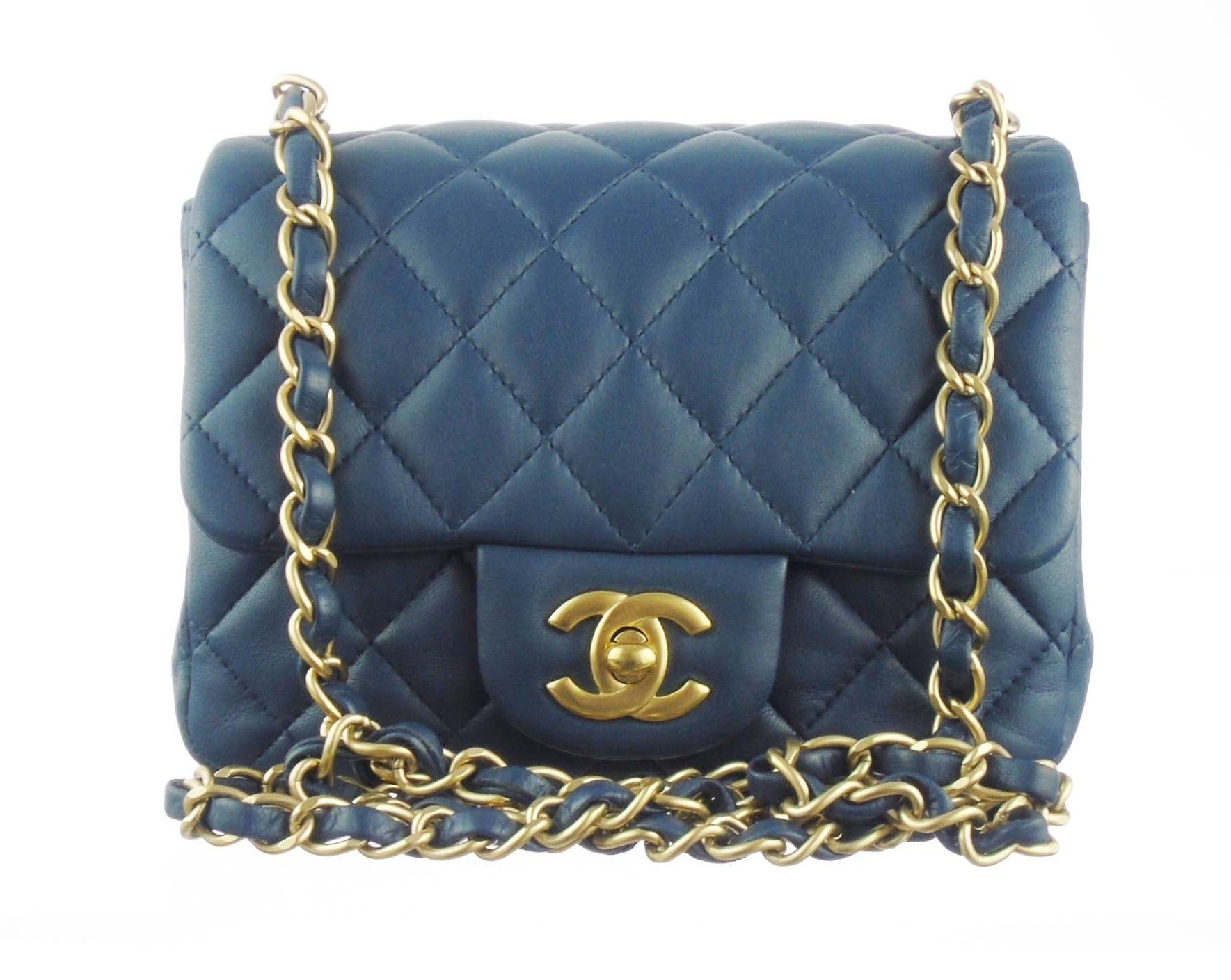 Chanel Classic Mini Square Flap Bag Blue Lambskin leather champagne  hardware ghw