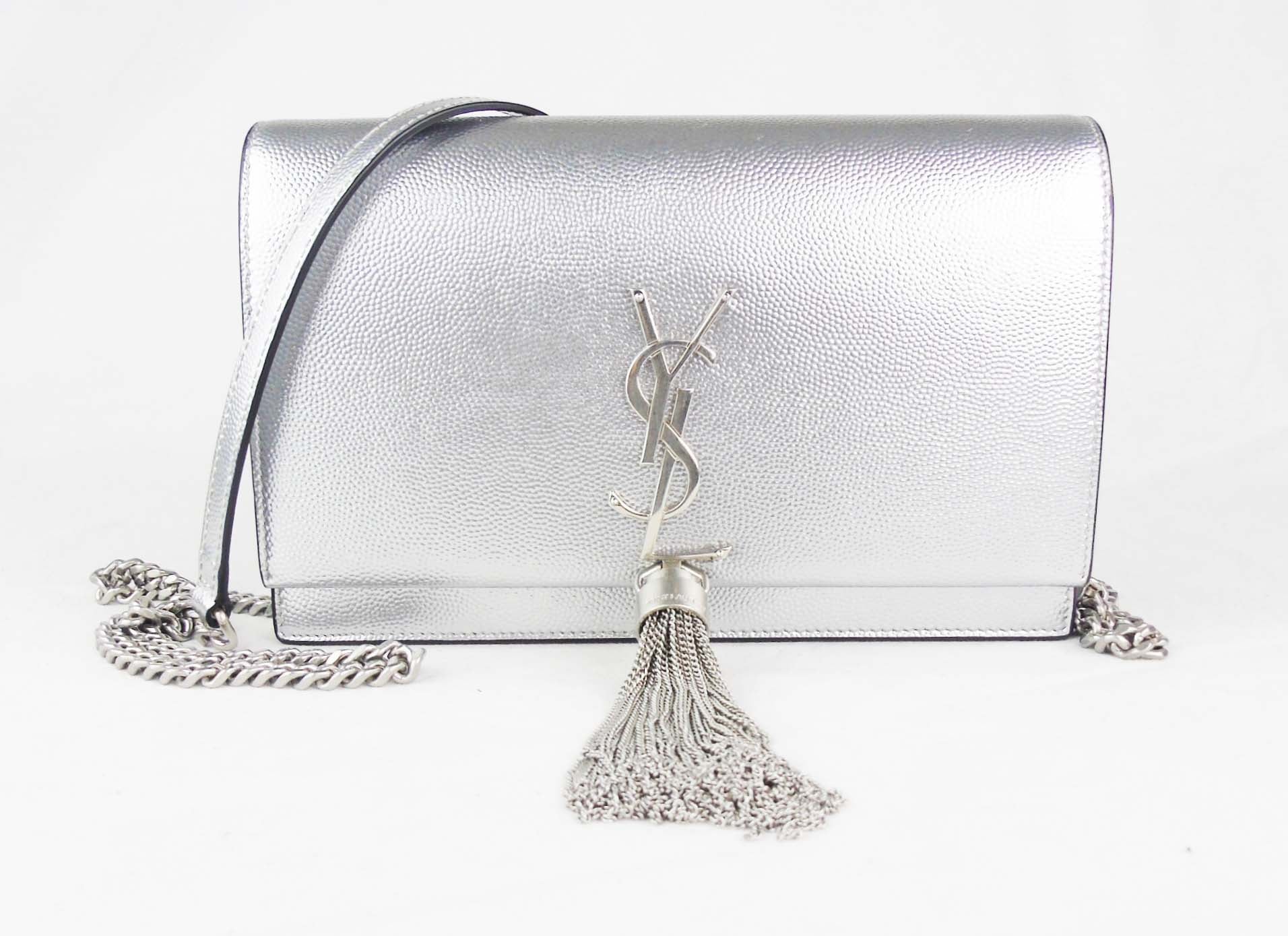 YVES SAINT LAURENT Kate Black Leather Silver Chain Clutch Crossbody Ba