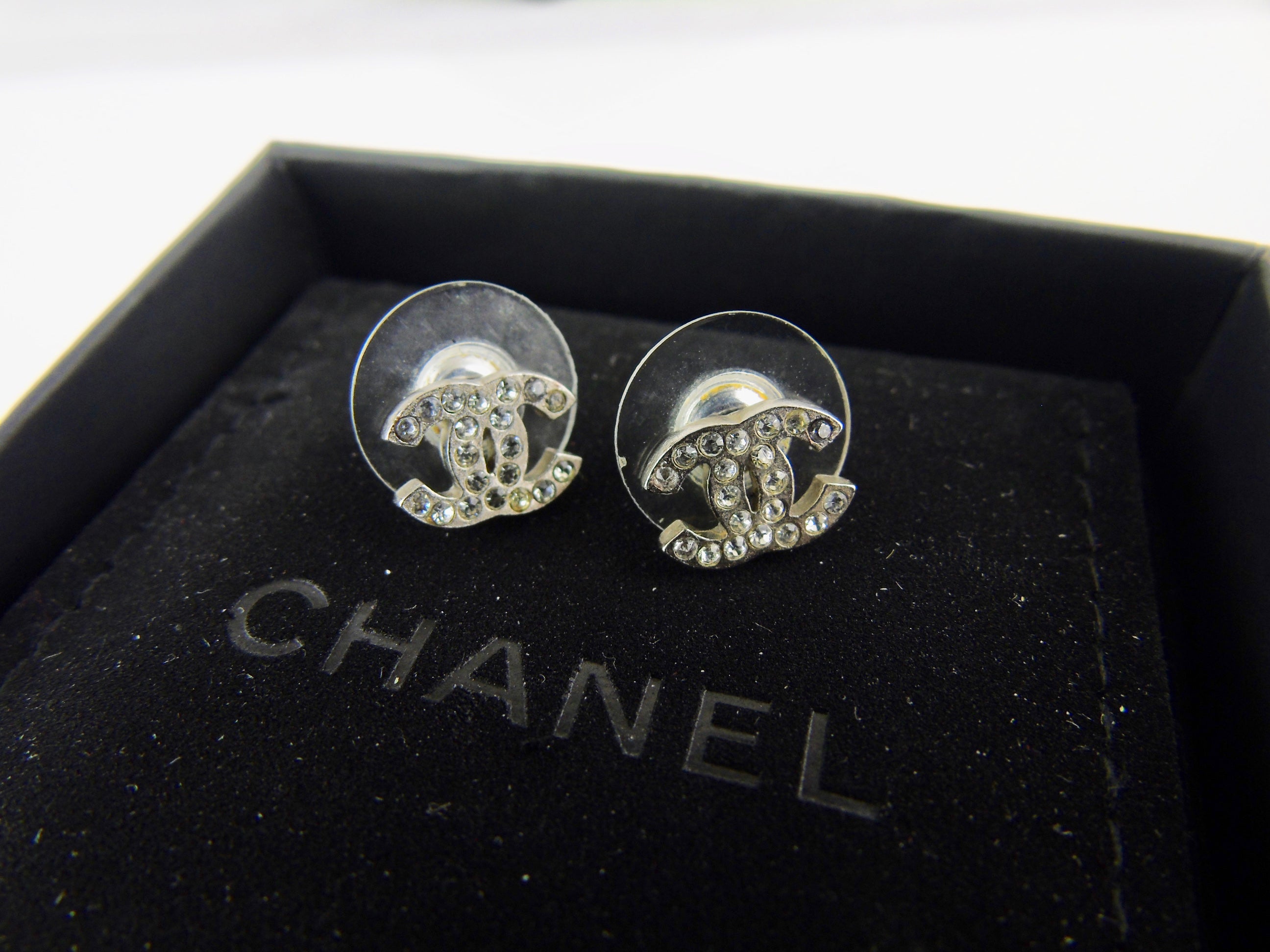 Chanel Silver interlocking CC Logo and Baguette Crystal Stud Earrings