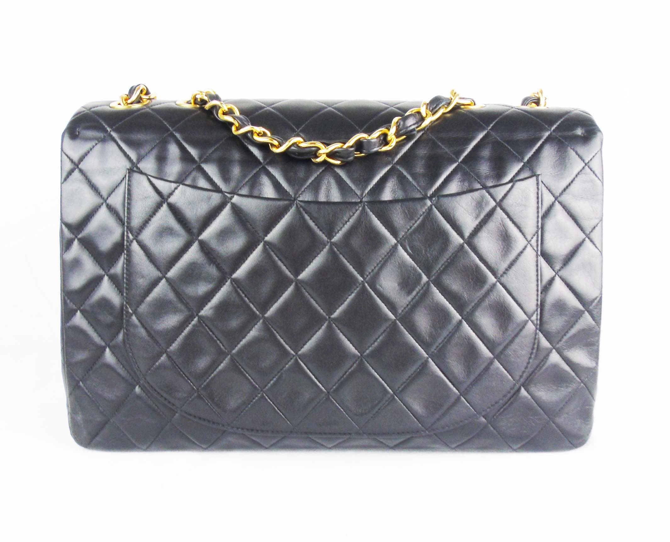 Chanel Black Quilted Lambskin Jumbo XL Vintage Classic Flap Bag Chanel