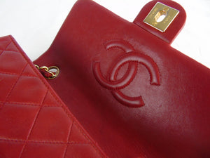 CHANEL Large Quilted Classic Flap Lambskin Leather Shoulder Bag Red