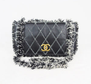 CHANEL Black Leather tweed trim 10" Flap bag