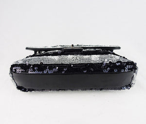 CHANEL black and silver striped sequin 10" flap bag