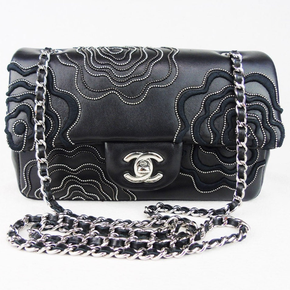 chanel mini rectangular black flap follies camellia