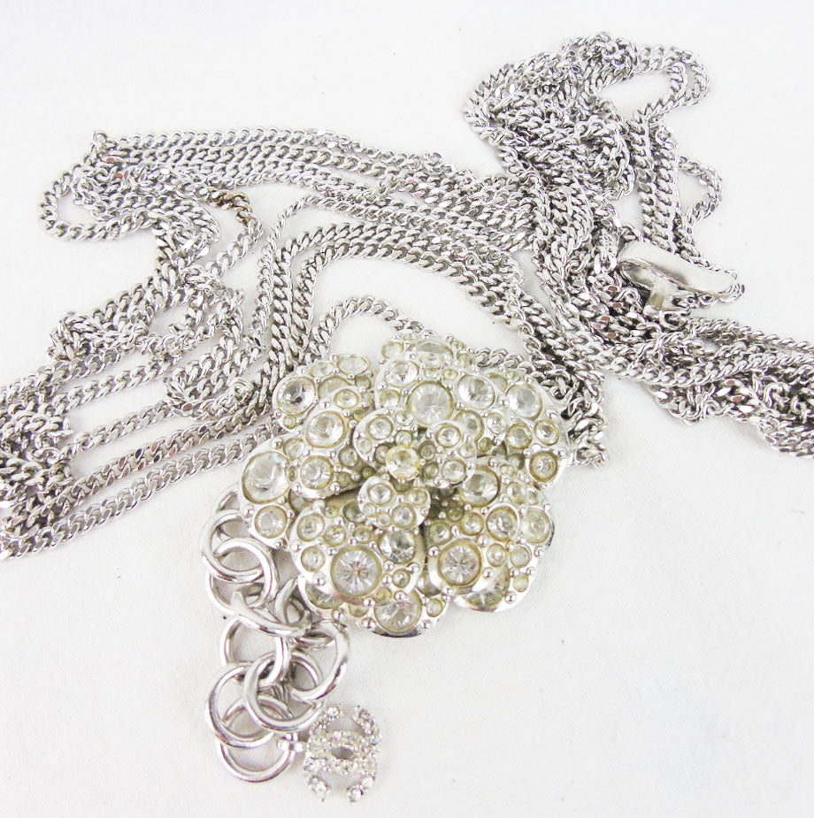 CHANEL Strass Camellia silver chain belt/necklace