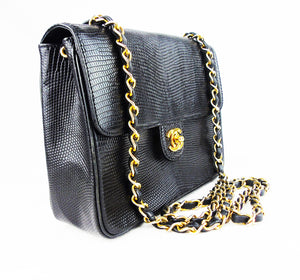Chanel Rare Vintage Black Lizard Multi Gold Chain Camera Evening Shoulder  Bag