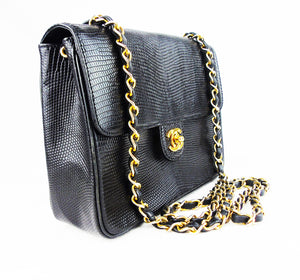 Chanel Black Caviar Lizard Coco Handle Small Flap Bag